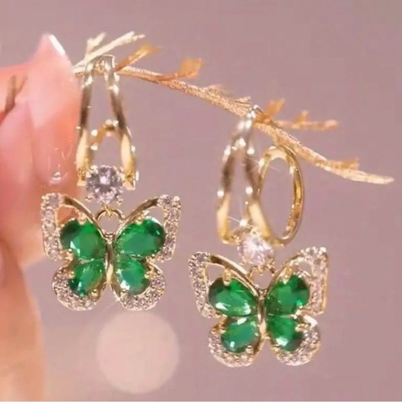 Elegant Butterfly Earrings with Green and Gold Accents. - Picture 3 of 6
